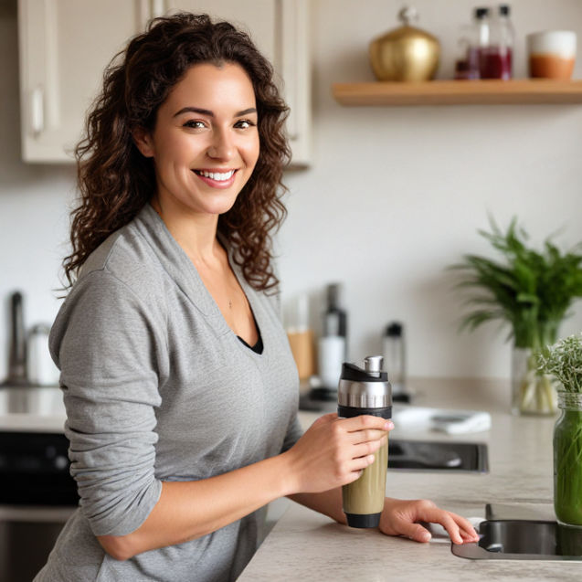 Person smiling at a kitchen counter.
