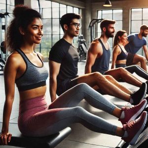 Gym buffs performing leg extension training